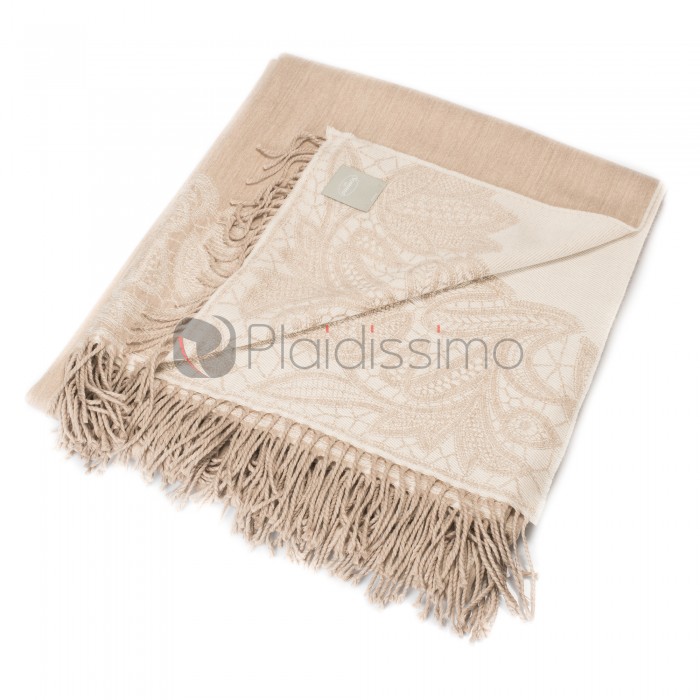 Plaid Beige en Laine Mérinos d'Australie · Finition Raffinée Brodée · Leavers par Somma 1867