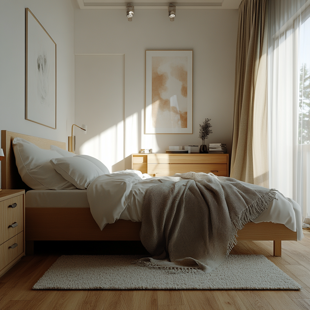 Plaid sur un lit dans une chambre moderne.