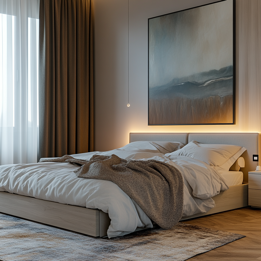 Plaid design sur un lit dans une chambre moderne.