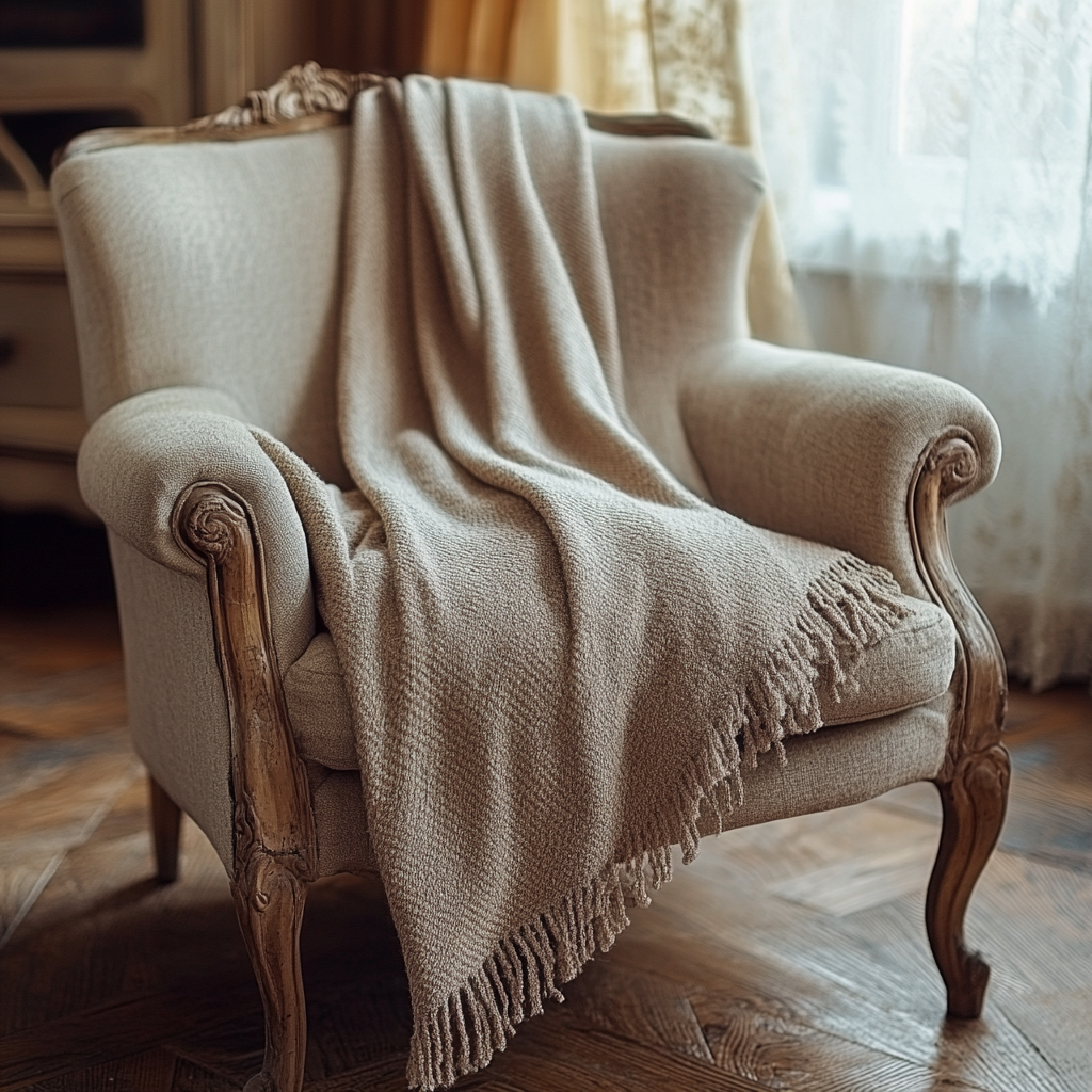 Plaid beige sur fauteuil ancien