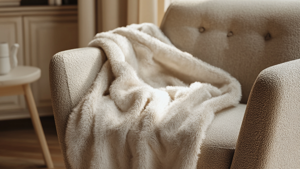 Plaid doux en laine posé sur un fauteuil dans un salon chaleureux, ambiance cocooning