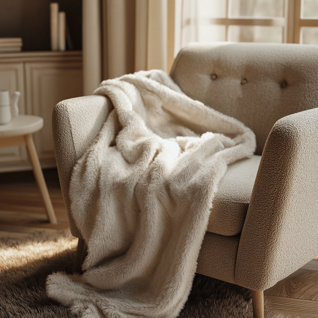 Plaid doux en laine posé sur un fauteuil dans un salon chaleureux, ambiance cocooning