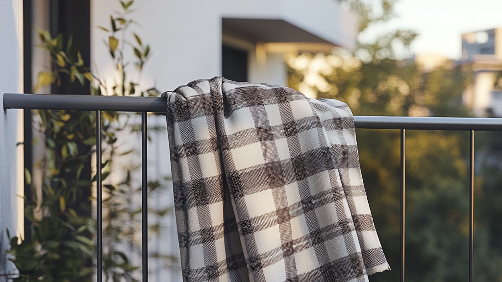 Plaid suspendu sur un garde-corps de balcon pour aération au soleil, en milieu urbain